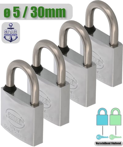 AMIG Hangslot met Sleutel Klein RVS Ø5/30mm - Standaard Beugel Buiten 4 Stuks