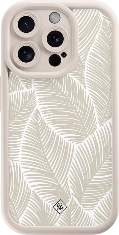 Casimoda® hoesje - Geschikt voor iPhone 15 Pro - Palmy Leaves Beige - Effen telefoonhoesje met lensbescherming - Siliconen/TPU - Backcover - Bruin/beige