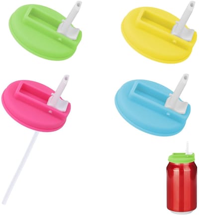 Dailygoods- Deksel 5 cm - Dekselhouder - Herbruikbaar - Silicone/Plastic - 4 Stuks - Inclusief 8 Rietjes - Blikdeksel