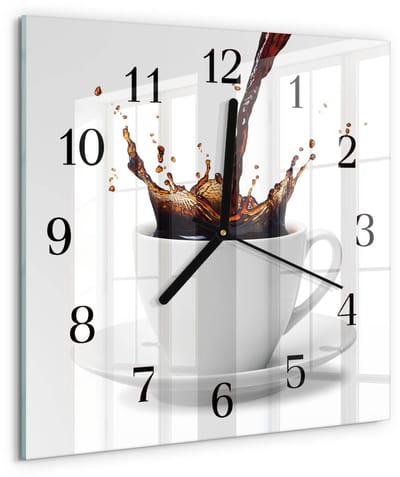 Tulup Wandklok - Koffie Moderne Glazen Wandklok - 30x30 cm - Wit Wandklok Glas Met Motief - Zwarte Handen - Vierkante Wandklok - Glazen Wandklok Design - Klok Glas Met Opdruk