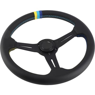 Volant de course noir en cuir 350mm 14 pouces 6 Trous Demi-plat avec Klaxon black