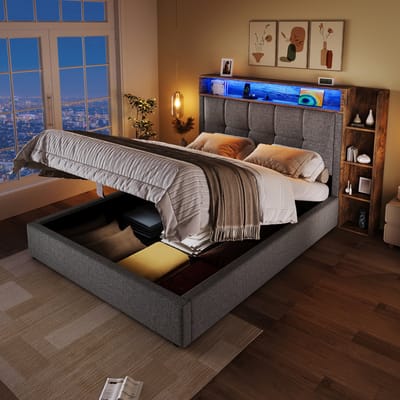 Polsterbed - 90x200 cm - Met USB-C Oplaadfunctie - LED en Opbergruimte - Linnen - Grijs