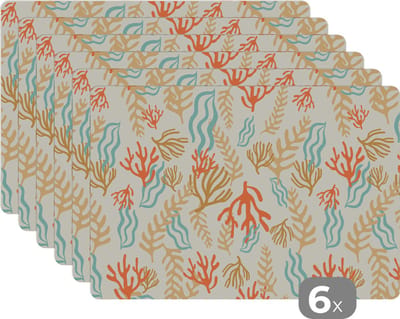 Placemat - Placemats kunststof - Patronen - Strand - Zee - Waterplanten - 45x30 cm - 6 stuks - Hittebestendig - Anti-Slip - Onderlegger - Afneembaar