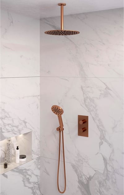 Brauer Copper Edition thermostatische inbouw regendouche 3-weg omstelling SET 36 met 30 cm douchekop en plafondarm en 3-standen handdouche en doucheslang en wandaansluitbocht koper geborsteld PVD