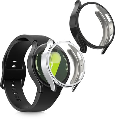 kwmobile 2x smartwatch hoes geschikt voor Samsung Galaxy Watch 7 44mm hoesje - Siliconen sporthorloge cover - Activity tracker case in zwart / zilver