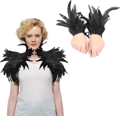 Dailygoods- Verencape Zwart - Verencape met Armbanden - Kostuumaccessoires - Halloween/Karnaval - Duurzame Veren - Maat 90 x 28 cm - Kostuum
