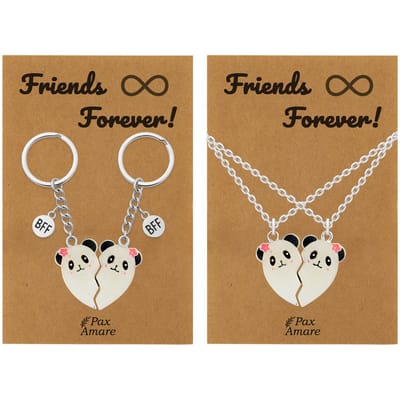 BFF Ketting + Sleutelhanger voor 2 ' Friends Forever' - Magnetisch Hartje Panda's - Bundel op Cadeau Kaartje - Zilverkleurig - Vriendschap Symbool - Pax Amare