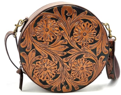 Leren Ronde Handtas met Bloemen reliëf bruin - (bxhxd) ca. 24cm x 24cm x 8cm