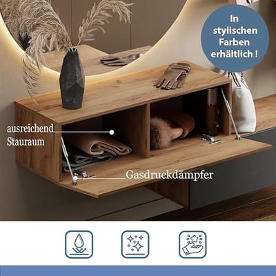 Hallway Cabinet Wall Mounted 200 cm (2x100 cm) – Modern Oak Gold Coat Rack & Entryway Storage Chest with 2 Doors, 8 Shelves & Gas Pressure Dampers – 37.8D x 200W x 32.5H cm