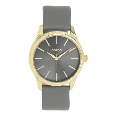 OOZOO Timepieces - Goudkleurige OOZOO horloge met donker grijze leren band - C11679