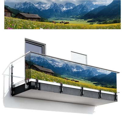 Balkonscherm 500x120 cm - Balkonposter Alpen - Weide - Bergen - Koeien - Balkon scherm decoratie - Balkonschermen - Balkondoek zonnescherm