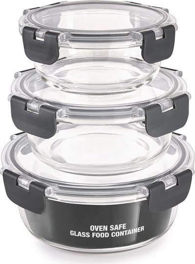 PromoHome Stapelbare Ronde Glazen Voedselbewaardozen Set van 3 - Luchtdichte Containers voor Maaltijdpreparatie, Vriezer, Magnetron, Oven & Vaatwasser Veilig - BPA Vrij met Kliksluiting Deksels (Verschillende Groottes)