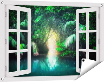 Gards Tuinposter Doorkijk Tropische Jungle met een Turquoise Meer - 90x60 cm - Tuindoek - Tuindecoratie - Wanddecoratie buiten - Tuinschilderij