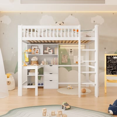 Wishdor – Hoogslaper met bureau en opbergruimte – 90 x 200 cm – Grenen, MDF en multiplex – Wit – Inclusief 3 lades – Veiligheidsrand – Voor kinderkamer