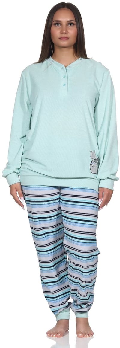 Dames badstof pyjama broek gestreept - leuk luiaard dierenmotief - ook in oversized maten