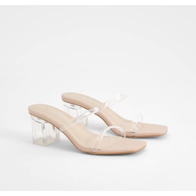 boohoo Dames Wide Fit Clear Low Block Heeled Mules | Nude | Maat: 38