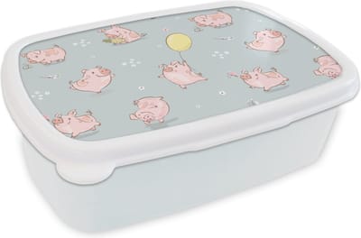 Broodtrommel Wit - Lunchbox - Brooddoos - Patronen - Varkens - Ballonnen - 18x12x6 cm - Volwassenen
