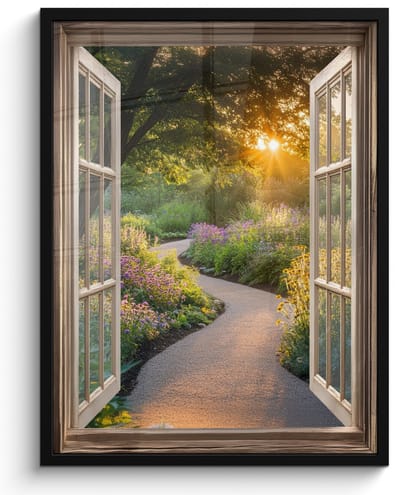 Poster in lijst - Fotolijst 50x70 cm - Posters - Doorkijk - Bloemen - Natuur - Zon - Pad - Posterlijst zwart - Decoratie - Wanddecoratie woonkamer - Muurdecoratie slaapkamer