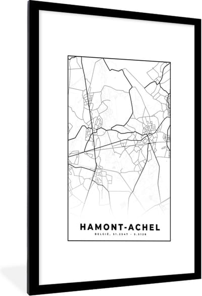Fotolijst incl. Poster Zwart Wit- Kaart – Plattegrond – Stadskaart – Hamont Achel – België – Zwart Wit - 60x90 cm - Posterlijst