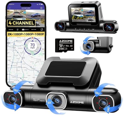 AZDOME M660 2.5K 4CH 360° Dash Cam, Geheugenkaart 256GB + 64GB, 4 Camera's (voor + achter + links + rechts), GPS, 5G WiFi, 3" Touchscreen, G-Sensor & IR Nachtzicht - Professionele Auto Beveiliging - Haarscherpe Nachtzicht - Dashcam Auto 2026 Model