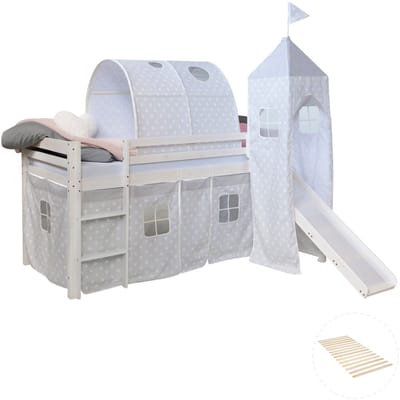 Homestyle4u Hoogslaper - 90x200 cm - met lattenbodem - toren - tunnel - glijbaan - met gordijn met sterrenmotief - wit