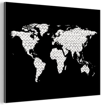 Aluminium schilderij 40x30 cm - Wanddecoratie metaal - Wereldkaart - Patroon - Zwart - Metalen muurdecoratie woonkamer - Decoratie industrieel - Foto op dibond - Industriële accessoires slaapkamer