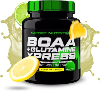 Scitec Nutrition® - BCAA + Glutamine Xpress (600 gram - Citrus Mix) - Citrusvrucht - 50 doseringen - aminozuren - aminozuur - bcaa - l-isoleucine - l-leucine - l-valine - poeder