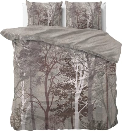 2-persoons dekbedovertrek (dekbed hoes) taupe – bruin met bomen, takken, bladeren, dennenbomen in bos / natuur (contour) KATOEN tweepersoons 200 x 220 cm (LUXE beddengoed van top kwaliteit!)