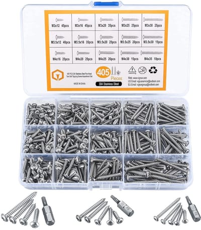 405-delig Torx Rondkop Schroeven Set, M3/M3.5/M4, Edelstalen houtschroeven, Flachkopf montageschroeven, Zelftappende schroevern Assortiment Kit, met 3 stuks Bits