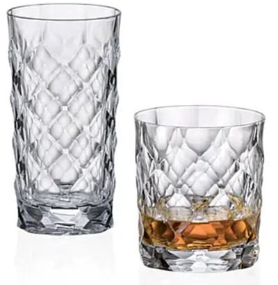 12 stuks - set kristallen drinkglazen - grote hoge longdrink glazen en waterglazen - BOHEMIA CRYSTAL - glazen TINY met structuur voor ijskoffie, cocktail, sap en meer - luxe tafelen - 6 longdrinkglas + 6 waterglas