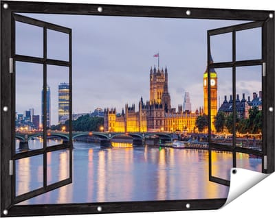 Gards Tuinposter Doorkijk London Big Ben en Westminster Brug - 120x80 cm - Tuindoek - Tuindecoratie - Wanddecoratie buiten - Tuinschilderij