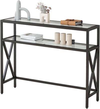 Industrieel Console Tafel van Gelaagd Glas, Smalle Hal Tafel met Planken voor Woonkamer en Entree, Compacte Display Tafel voor Kleine Ruimtes, 101 × 25 × 80.5 cm, Zwart