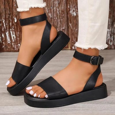 Sandales d'été pour femmes, sandales de luxe en cuir, mode, bout carré, bout ouvert, sangle, confortable, talon bloc, plateforme 43 noir