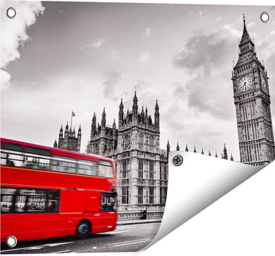 Gards Tuinposter Rode Bussen in Londen - Retro - 50x40 cm - Tuindoek - Tuindecoratie - Wanddecoratie buiten - Tuinschilderij
