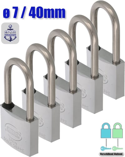 AMIG Hangslot RVS 316 Ø7/40mm Hoge Beugel Met Sleutel Buiten - Marine - 5 Stuks
