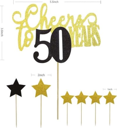 taart topper - verjaardag - 50 jaar - cheers - decoratie - happy birthday - versiering - ster - Goud - Zwart