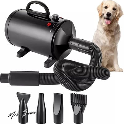Mrs. Jones Hondenföhn 2800 W professionele föhn instelbare snelheid en warmte huisdierdroger hondenverzorging met 4 verschillende sproeiers zwart .