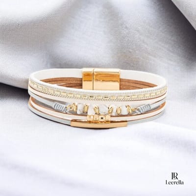 Leerella Echt Leren Multi-Layer Armband Wit met Magneetsluiting – Boho Dames Armband – 19,5 cm