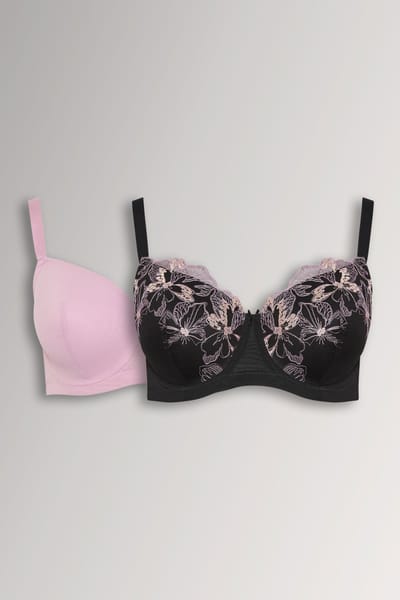 Yours 2 Pack Zwarte En Roze Gevulde Bh's Met Geborduurde Bloemenprint Size 90J