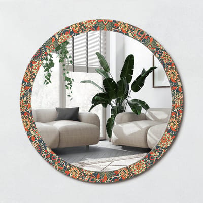Wallfluent Bedrukte Ronde Spiegel - Ronde Wandspiegel Met Print Retro Bloemen - 100 cm / 86 cm - Oranje - Oranje Ronde Wandspiegel Decoratieve Print - Badkamerspiegel - Gangspiegel - Eetkamer - Hal - Spiegel Met Haken