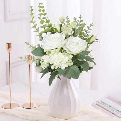 Weldomcor Artificial Roses White Roses Artificial Flowers Silk Flowers Bouquet for Home Kitchen Table Showpiece - ShopVlot