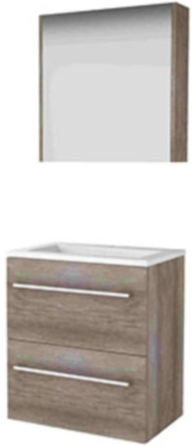 Basic-Line Comfort 39 Badkamermeubelset - Ondiep - 60 x 39 cm - Met Grepen - 2 Lades - Acryl Wastafel - 1 Kraangat - Spiegelkast - Scotch Oak