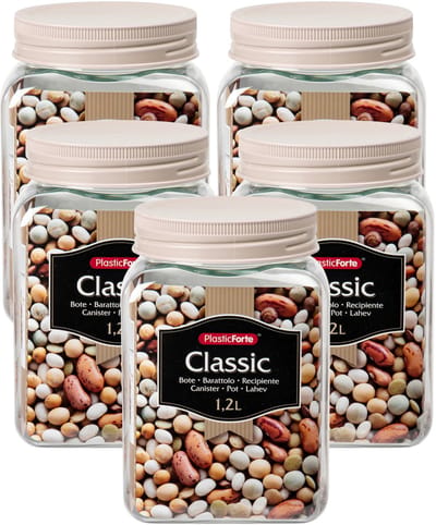 Plasticforte keuken voorraadpot - 5x - weckpotten - kunststof - beige - 1200 ml - met deksel - 10 x 15 cm - inmaakpotten