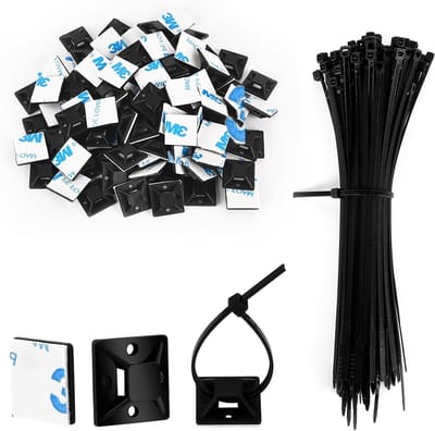 100 Stuks Zwarte Kabelbinders 150mm en 100 Stuks Zelfklevende Fixaties 20mm, Ideaal voor Thuis, Kantoor en Werkplaats, Duurzame Plastic Draadbinders en Basisbevestigingen