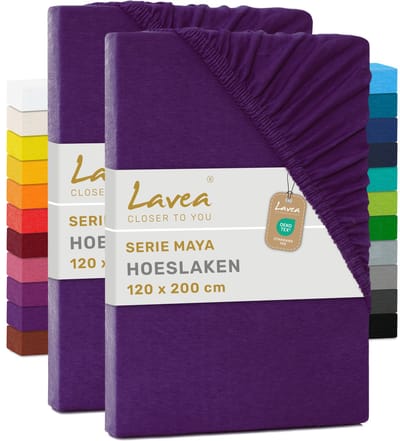 Lavea® Set van 2 Hoeslakens 120x200 cm – 100% Zacht en Ademend Katoen – voor Dikke Matrassen tot 20 cm – Jersey met Elastiek rondom – Donkerpaars