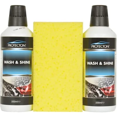 Protecton Wash & Shine Set - Reinigt grondig, snel en veilig - Verwijdert vuil, vet & aanslag - Herstelt de glans - Voor alle soorten lak - Laat beschermende waslaag achter - Met spons - 2x 500ml