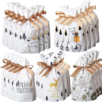 Dailygoody - 50 stuks kerstcadeauzakjes - snoepzakjes - met trekkoord en lint - ideaal voor kerstcadeaus - feestelijke verpakking - geschikt voor kers
