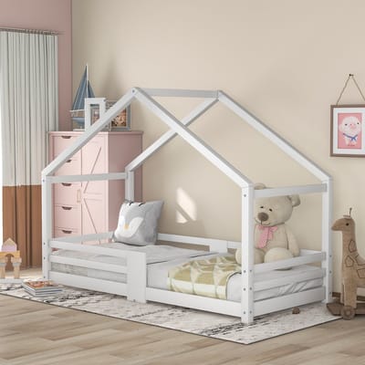 DESMIU Kinderbed 90x200 cm - Huisbed Met Schoorsteen - Rausvalbescherming En Lattenbodem - Voor Kinderkamer - Massief Hout - Wit - Zonder Matras