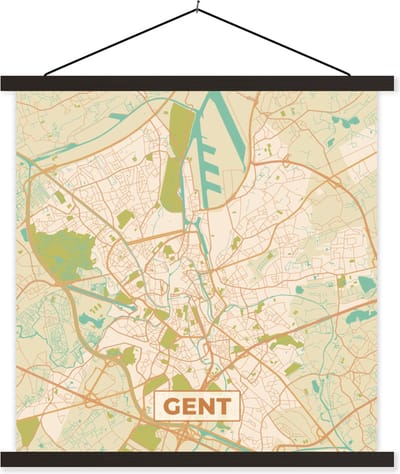 Posterhanger incl. Poster 60x60 cm - Schoolplaat - Kaart - Gent - Vintage - Plattegrond - Stadskaart - Textielposter - Zwarte latten - Stadskaart