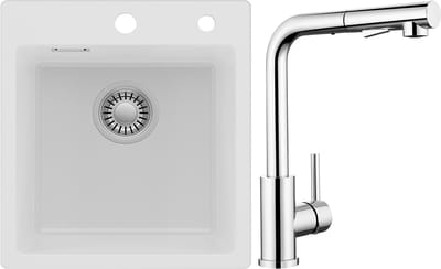 Auralum max Spoelbak Keuken 40x45CM - Spoelbakken Graniet Met Keukenkraan Chroom - Enkele spoelbak Wit - Met waterafvoersysteem - Voor 40 cm kast
